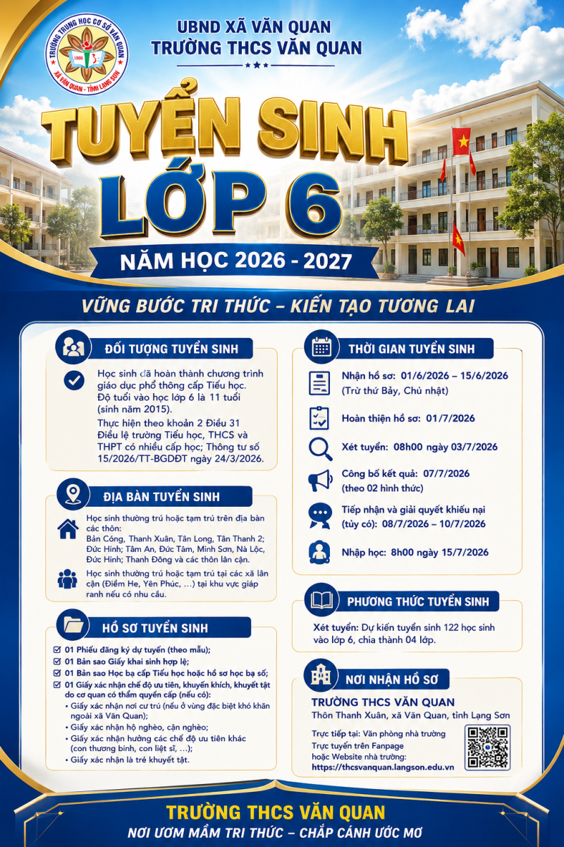 Trường THCS Văn Quan thông báo Kế hoạch tuyển sinh vào lớp 6 năm học 2026- 2027